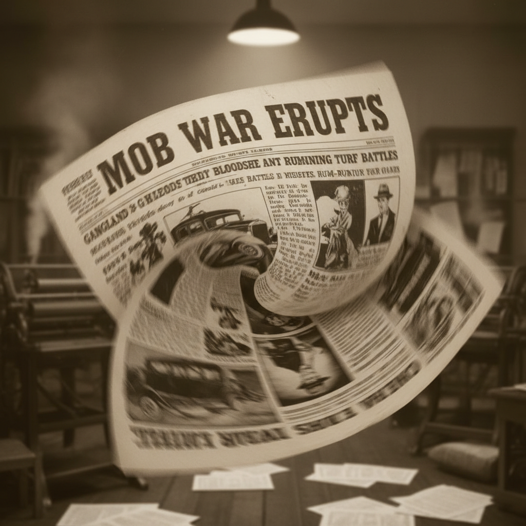 1930s news headline paper spinning, sepia tone, text about mob war