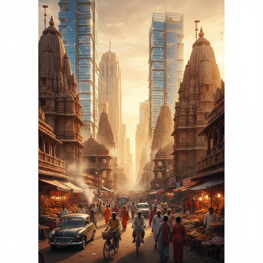 A bustling Indian street scene blending ancient stone temples with modern glass skyscrapers, warm golden lighting, crowded but artistic composition