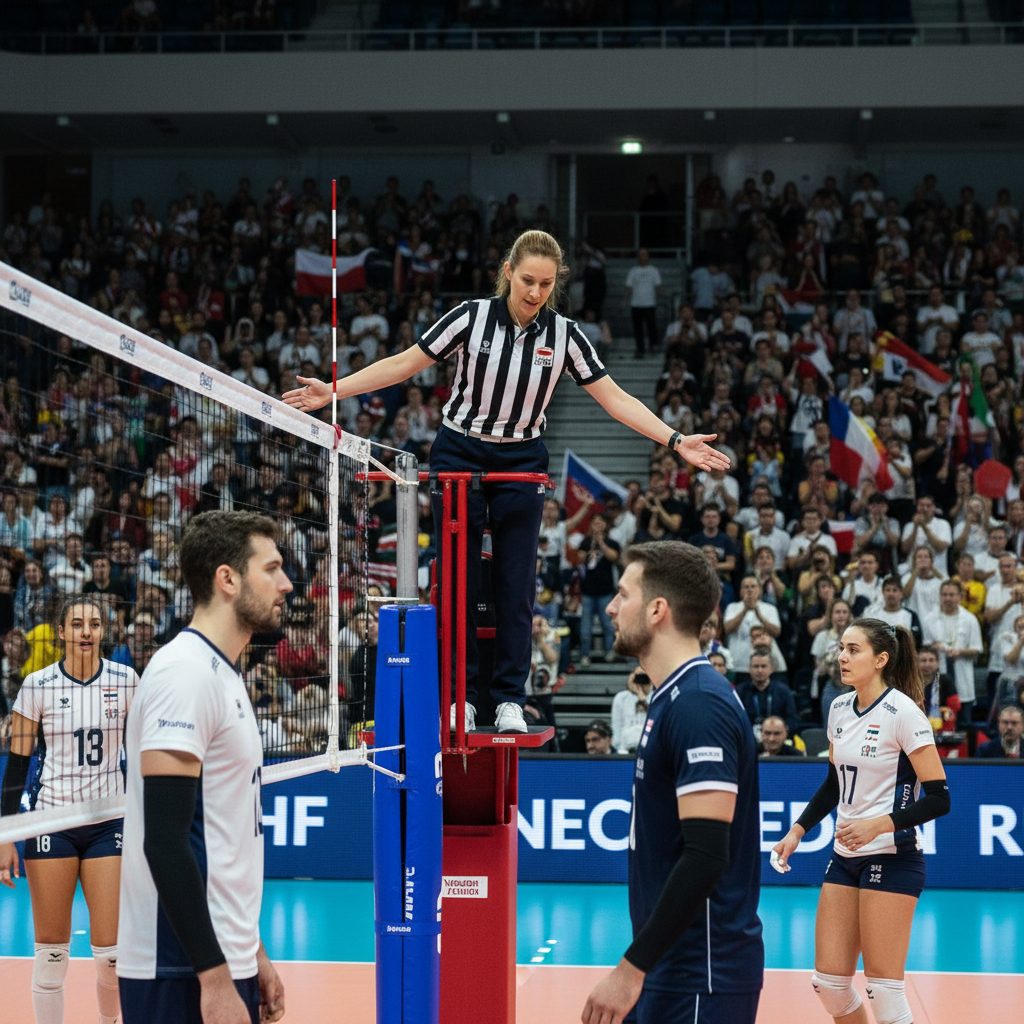 Volleyball referee communicating with players calmly, professional demeanor, high stakes match atmosphere