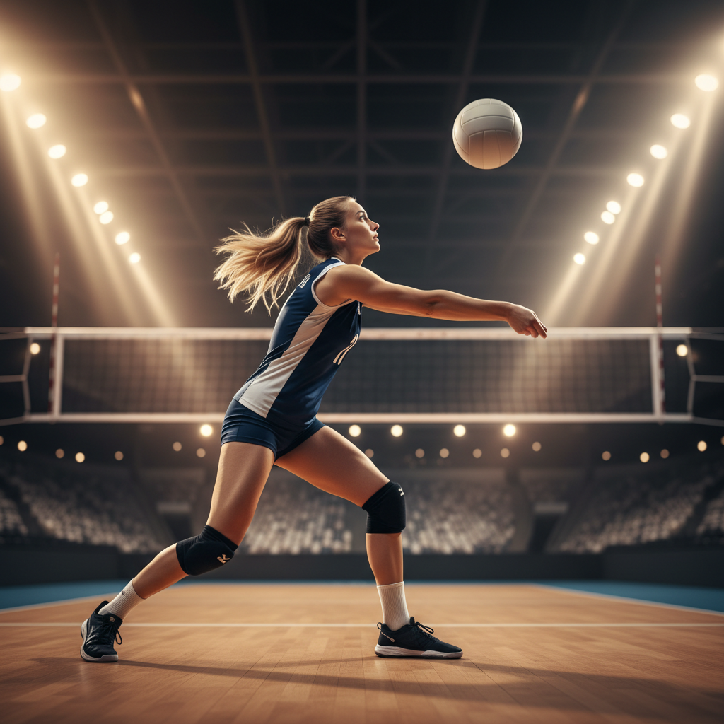 Volleyball player serving the ball, freeze action shot, stadium lights, focus on the athlete's form and the ball in the air