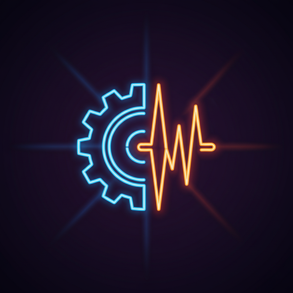 Minimalist icon of a gear and a sound wave merging, neon style
