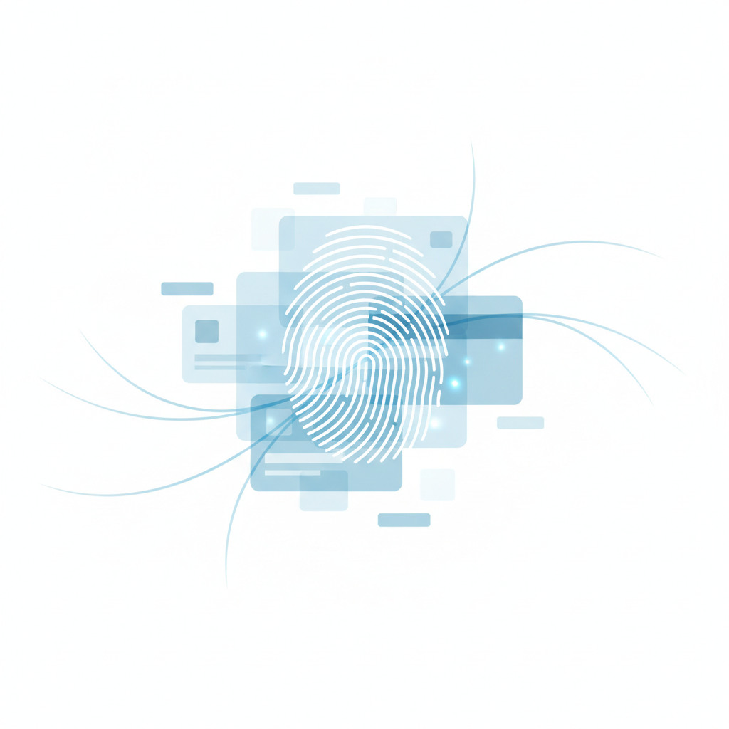 Abstract digital identification concept, fingerprint scanning lines overlapping with card shapes, light blue and gray theme, white background