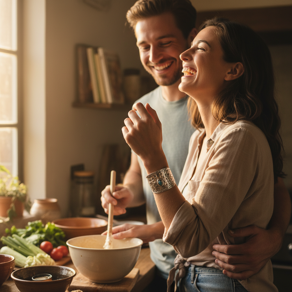 A warm, candid shot of a couple cooking together, focus on the woman's bracelet, natural laughter, kitchen setting.