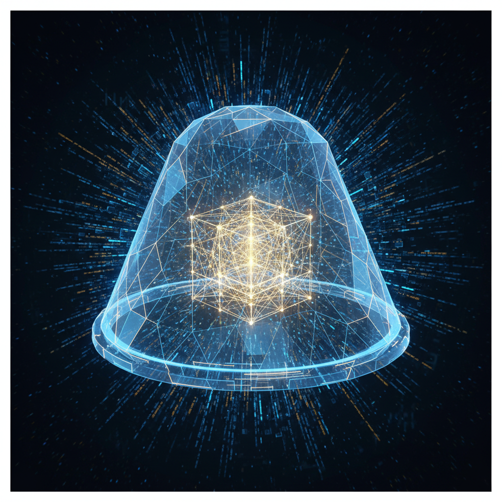 3d render of a digital interface shield protecting a glowing database cube, symbolizing management and security, blue and gold colors