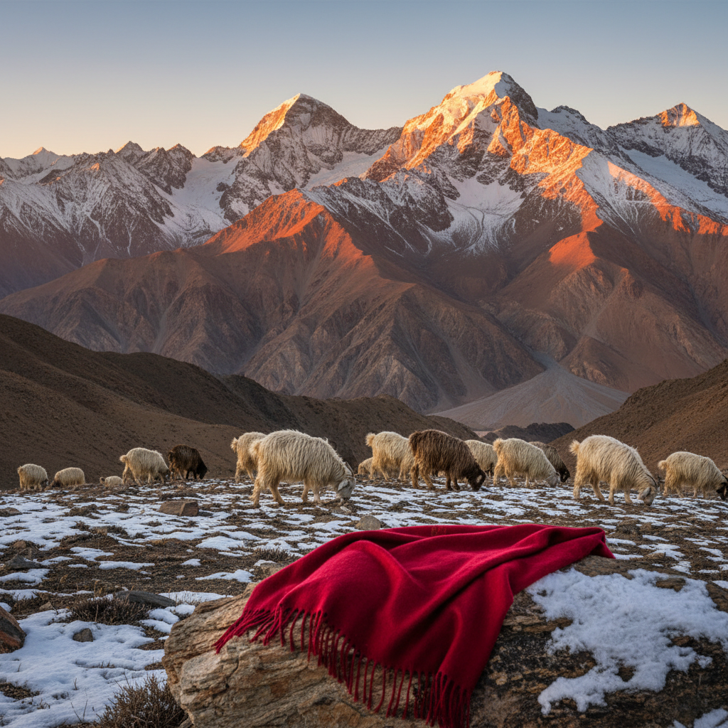 Cinematic wide shot of the snowy Himalayan peaks in Ladakh, Changthangi goats grazing on a slope, warm golden sunlight hitting a draped red Pashmina shawl in the foreground, photorealistic, 8k resolution, earthy tones.