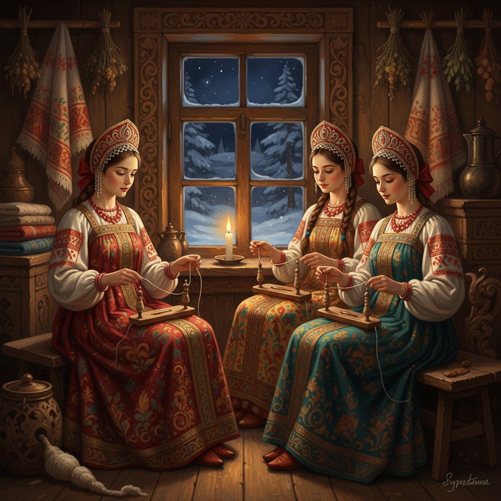 Three Russian maidens in traditional dresses sitting by a wooden window at night, spinning yarn, candle light, cozy interior, detailed illustration