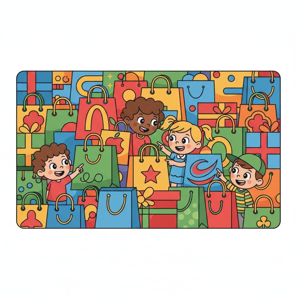 A visual puzzle illustration showing various stylized colorful shopping bags with generic symbols and some resembling popular logos, cartoon children pointing at them, bright and busy composition