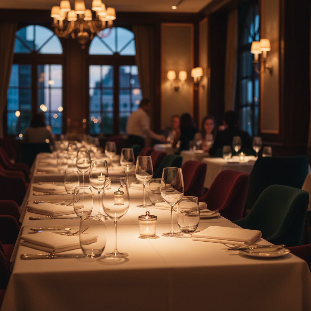 Cinematic shot of a luxury restaurant dining room, crystal glasses, warm ambient lighting, blurred background, high elegance