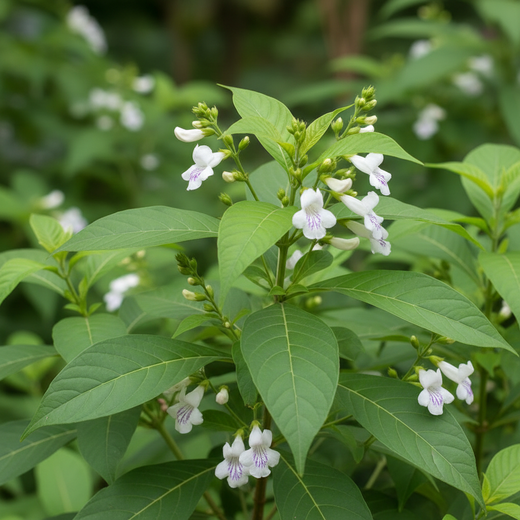 Justicia adhatoda plant, adulsa leaves and white flowers, botanical photography, sharp focus, natural green background