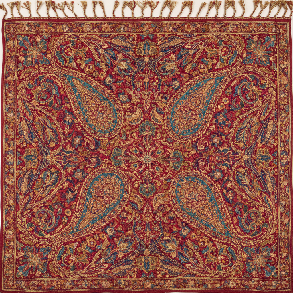 Top-down view of a vintage Pashmina shawl featuring intricate Paisley (Buta) and Chinar leaf embroidery in rich red, gold, and turquoise threads, high detail texture.