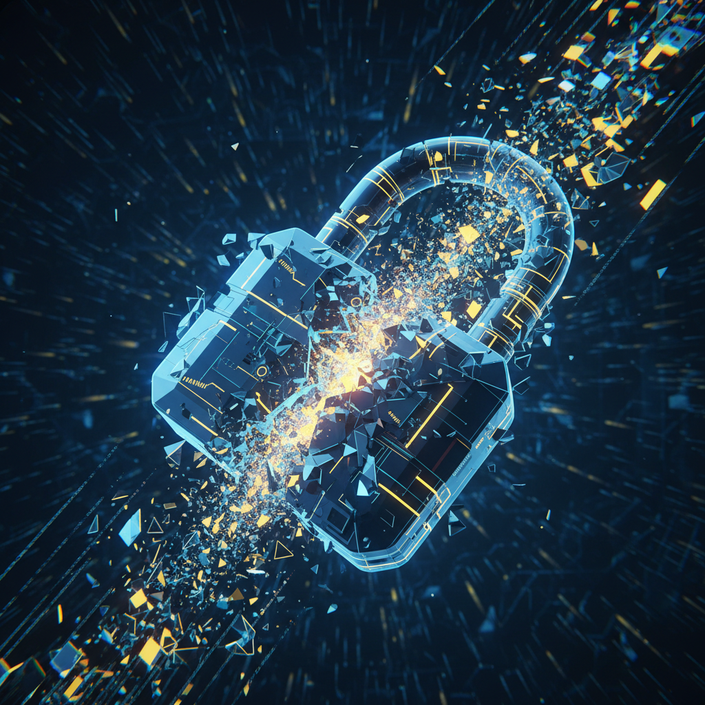 Abstract 3D illustration of a digital lock being broken, data particles leaking out, dark blue and caution yellow color scheme, high tech security concept