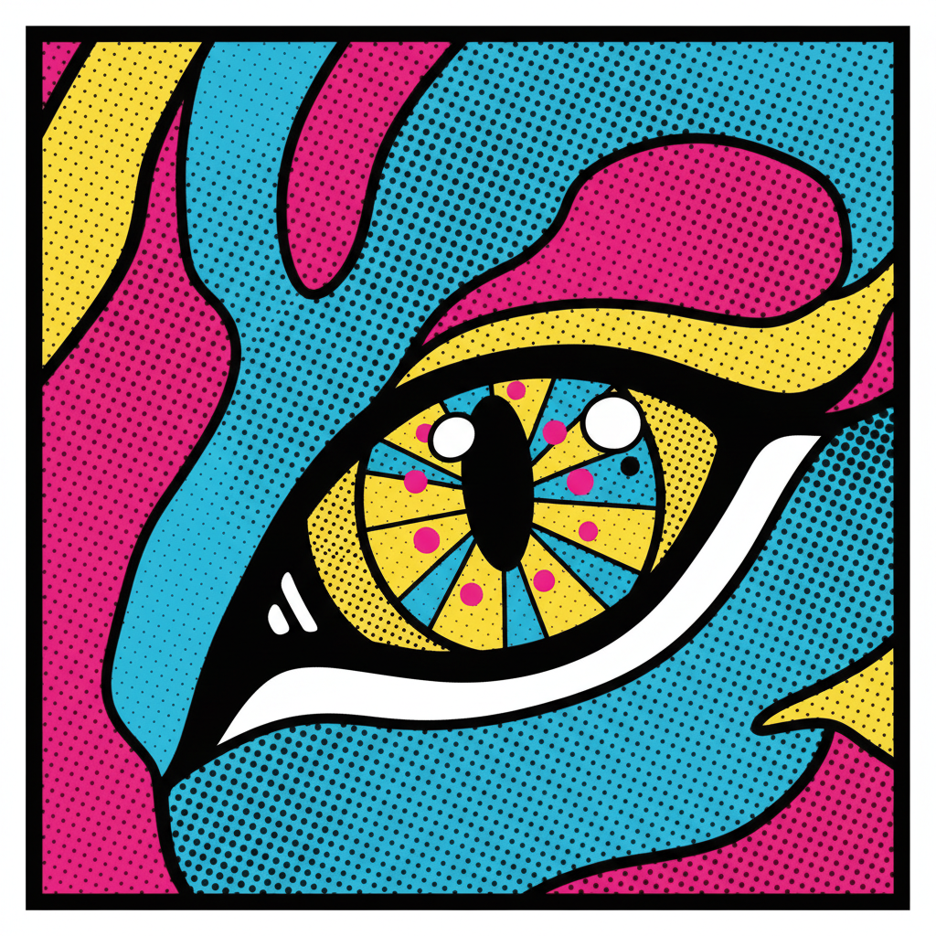 Pop art illustration of a cat eye, extreme close up, halftone dots, thick black outlines, vibrant cyan magenta and yellow colors, comic book style, roy lichtenstein style