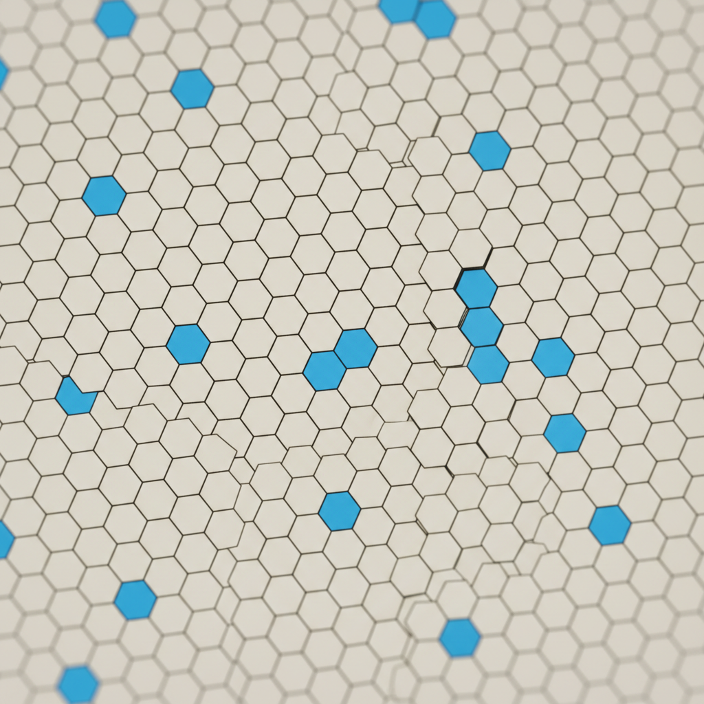 Microscopic view of a hexagonal grid of cells where some are highlighted blue in a spaced-out pattern, clean scientific illustration, medical textbook style