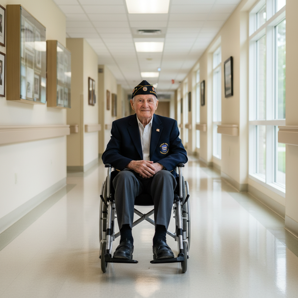 elderly veteran sitting in a wheelchair in a hallway