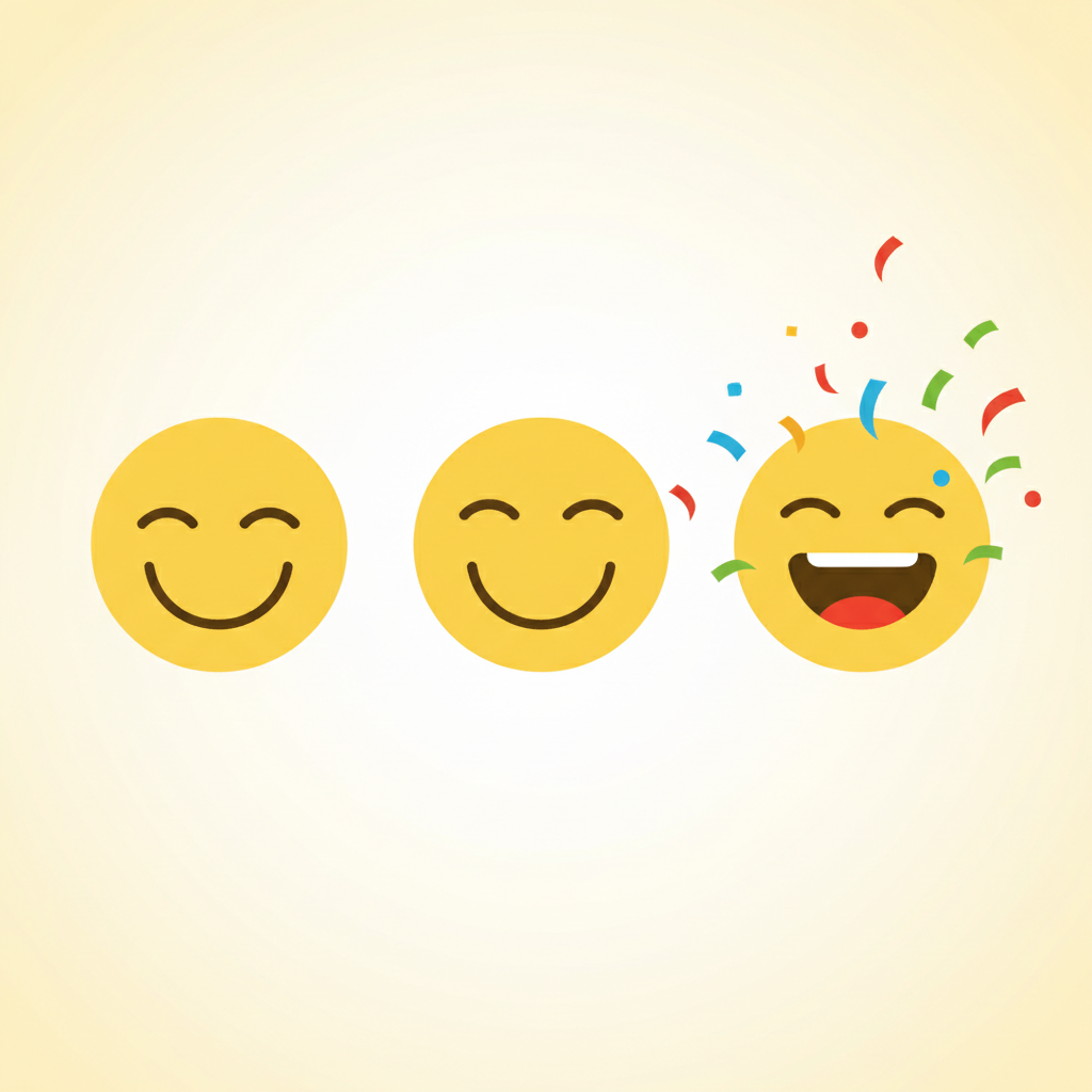 Three yellow smiley faces, one smiling, one smiling broadly, one extremely happy with confetti, flat design