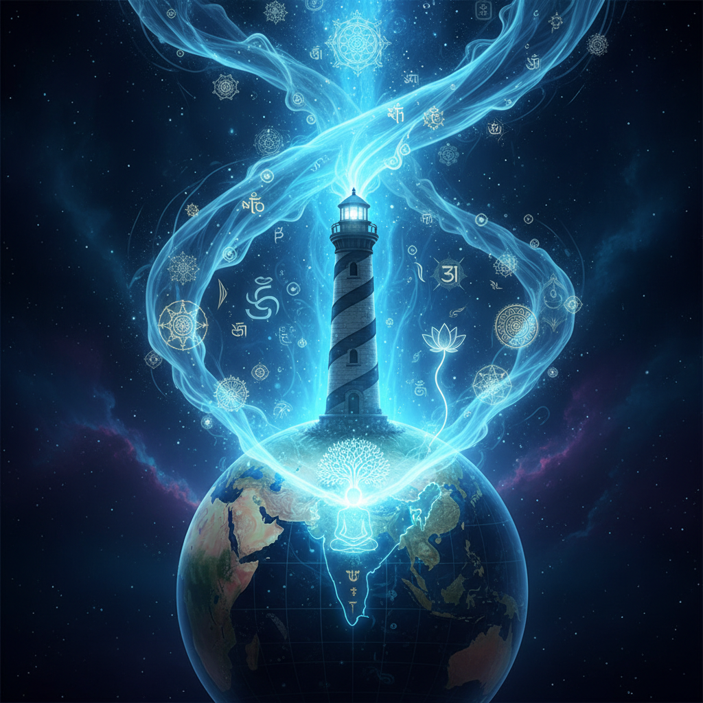 A majestic lighthouse radiating sky blue light across a globe, the light source emitting from the map of India, symbolizing guidance and wisdom, spiritual artistic style, deep blue and cyan tones