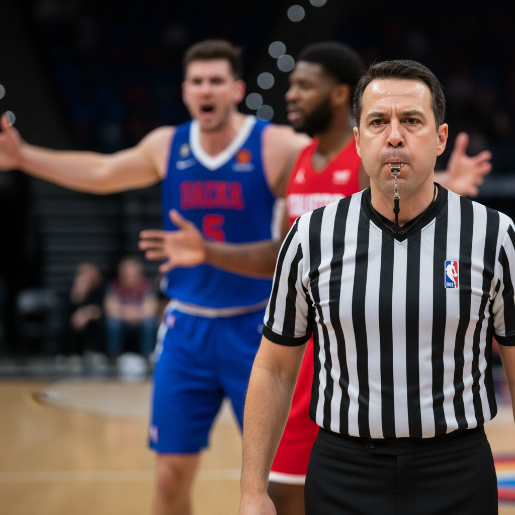 Basketball referee blowing a whistle, close up, blurred player arguing in background
