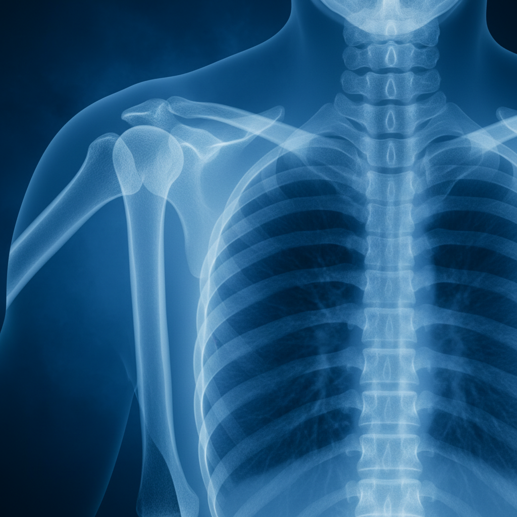 A high-quality medical X-ray image of a normal healthy shoulder joint, posterior-anterior view, showing correct alignment of the humerus and glenoid, blue backlight.