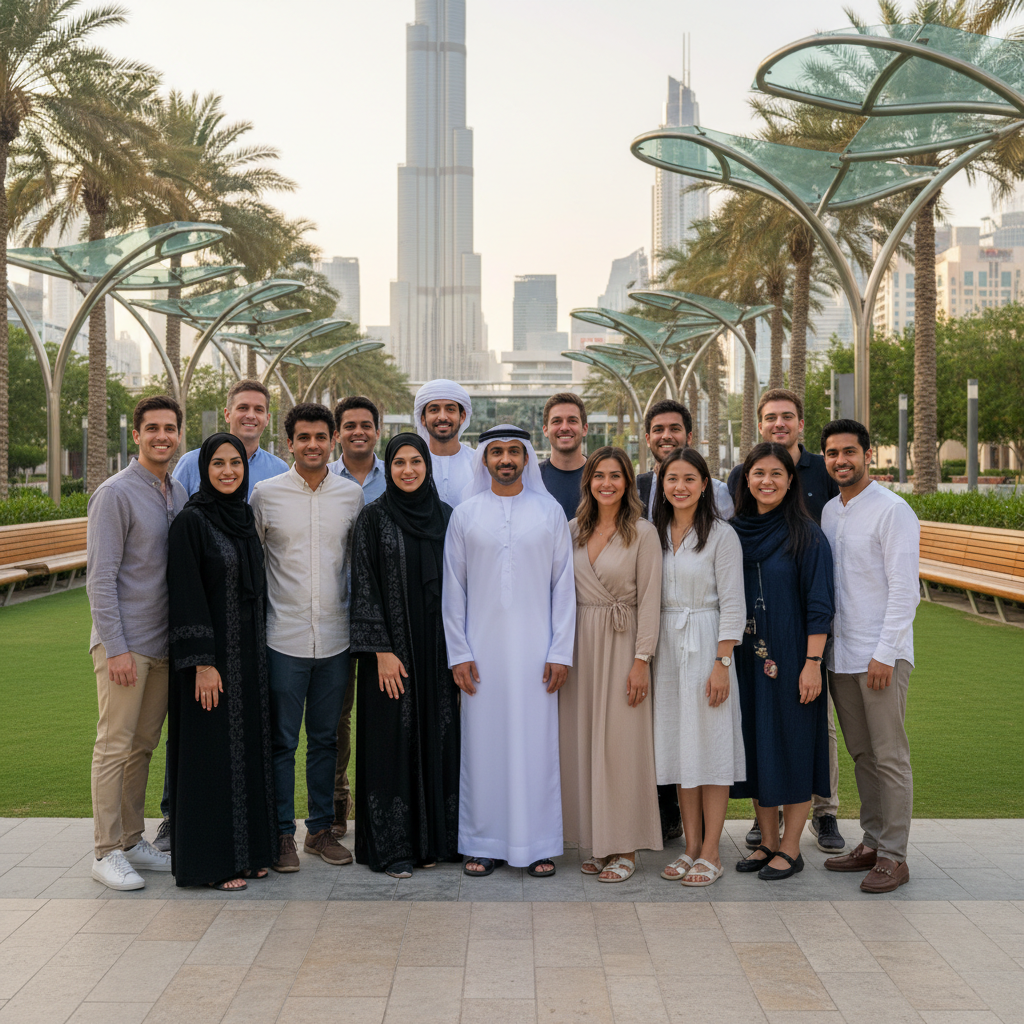 A photo-realistic diverse group of people in Dubai, including Emirati families, young adults, and international residents, standing together in a bright, modern park setting, smiling, gentle natural lighting, high quality
