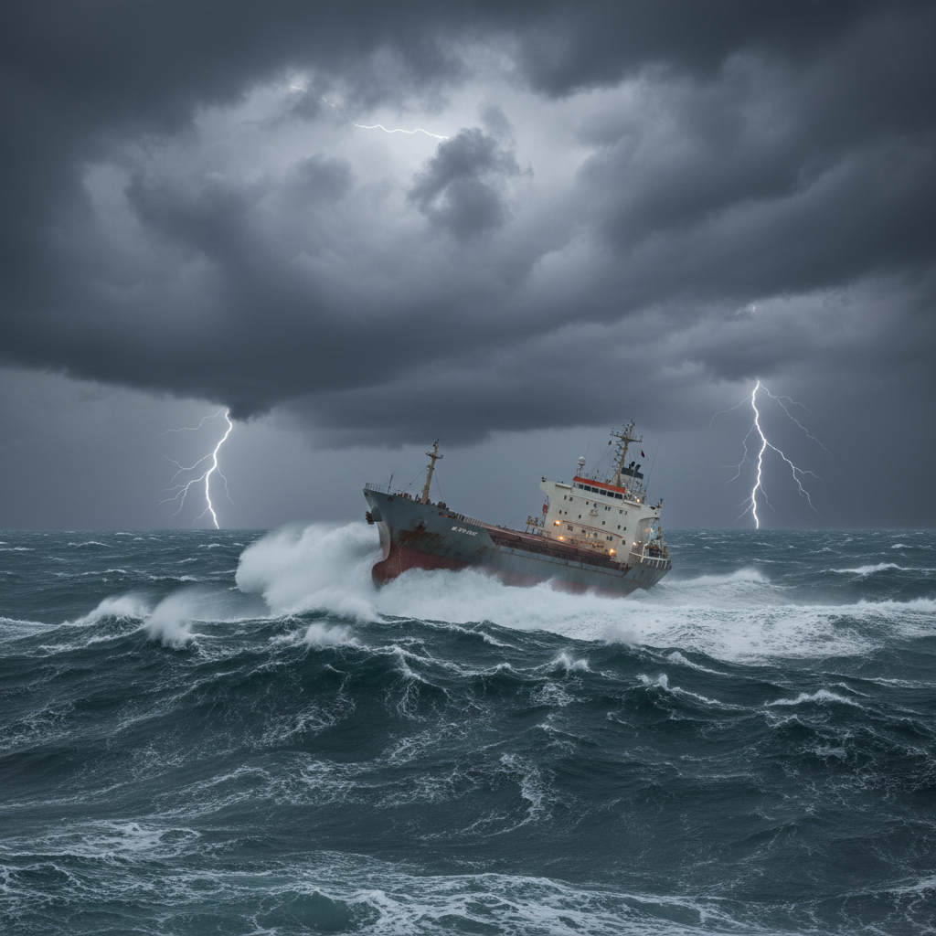 ship navigating in a stormy sea with dark clouds, representing business difficulties and crisis
