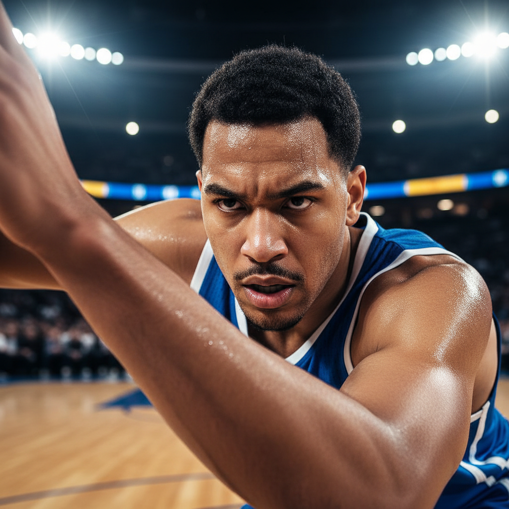 Close up of a basketball player intensely defending an opponent, sweat on brow, focus, stadium lights blurring in background