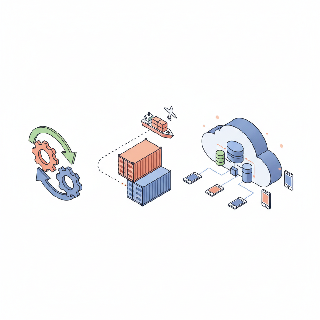 isometric illustration of business icons, money exchange, shipping containers, and cloud database, clean minimal style on white background