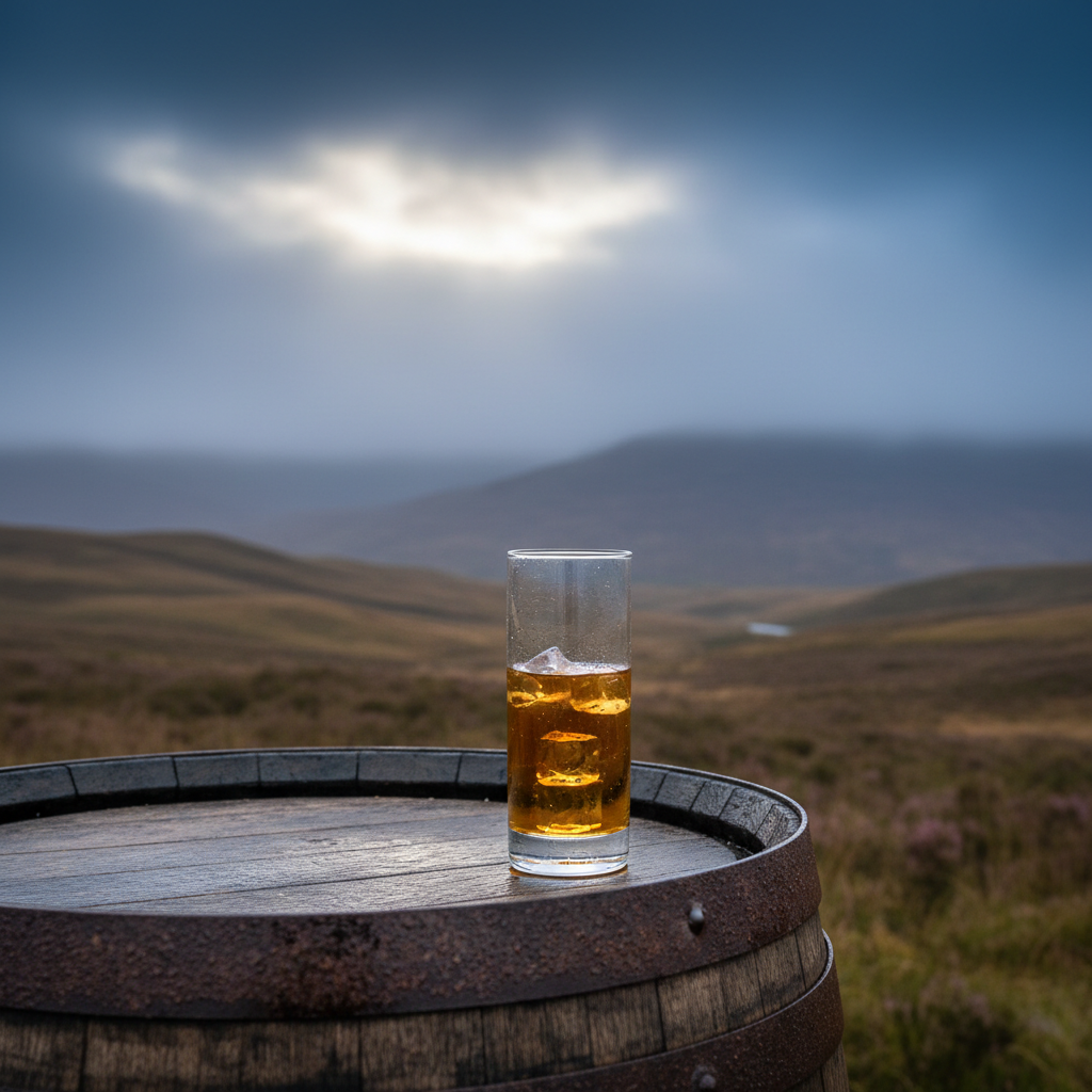 Glass of amber whisky on a barrel, background of moody Scottish highlands landscape with mist