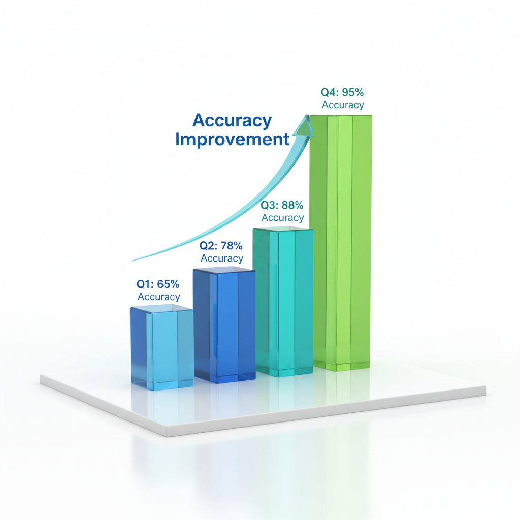 3D stylistic bar chart growing, showing accuracy improvement, clean business style, white background