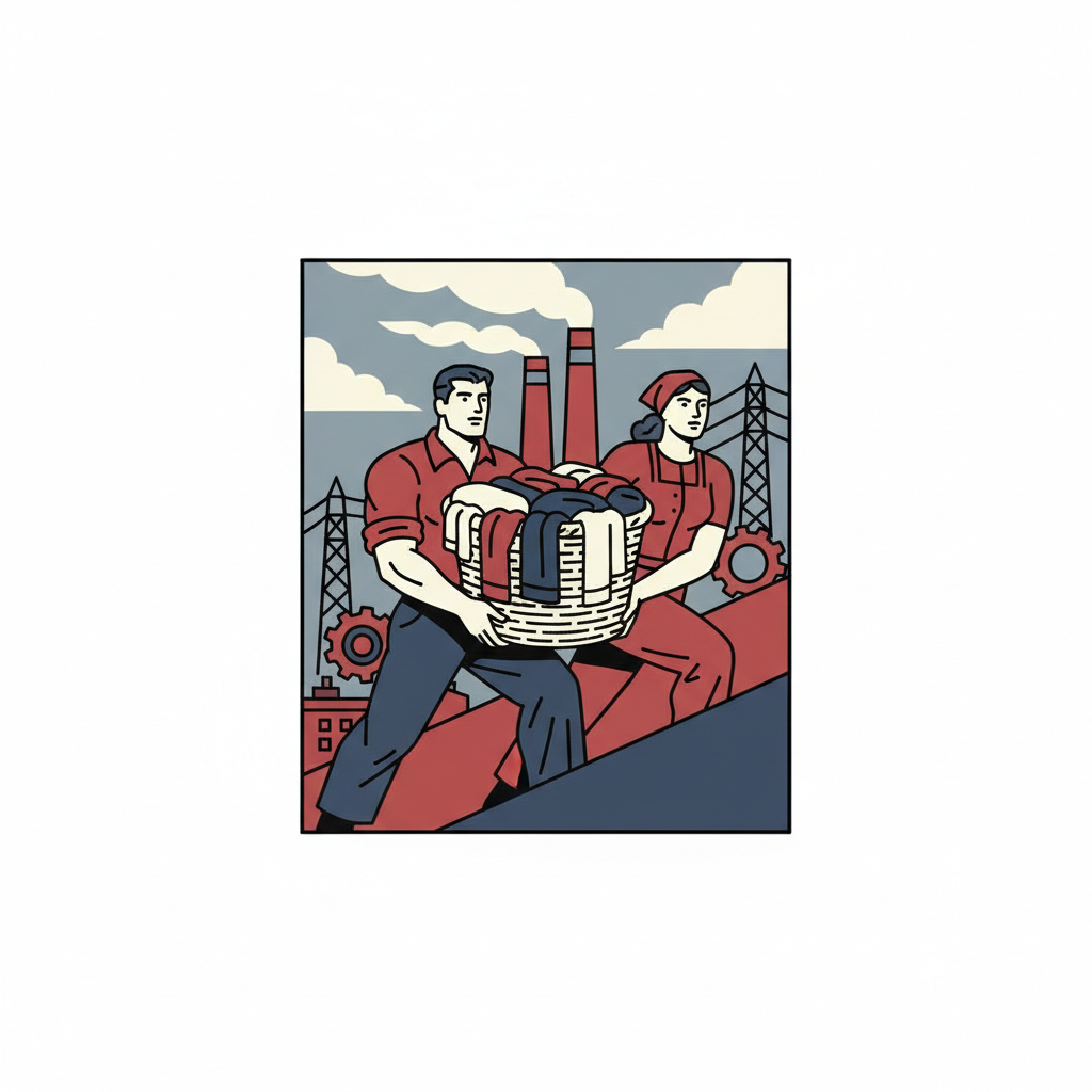 Propaganda poster style, stylized man and woman working together carrying a laundry basket, heroic pose, industrial background, red and blue palette, vector flat illustration