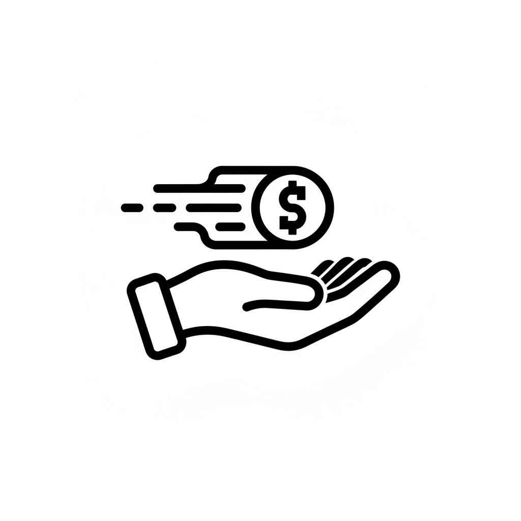 simple black icon of a hand holding a coin or cash flow, vector style, white background