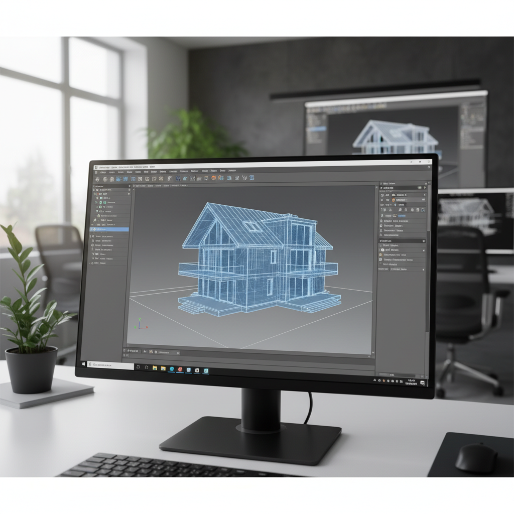 Close up of computer monitor displaying Archicad software interface with a complex 3D wireframe of a house, professional office setting