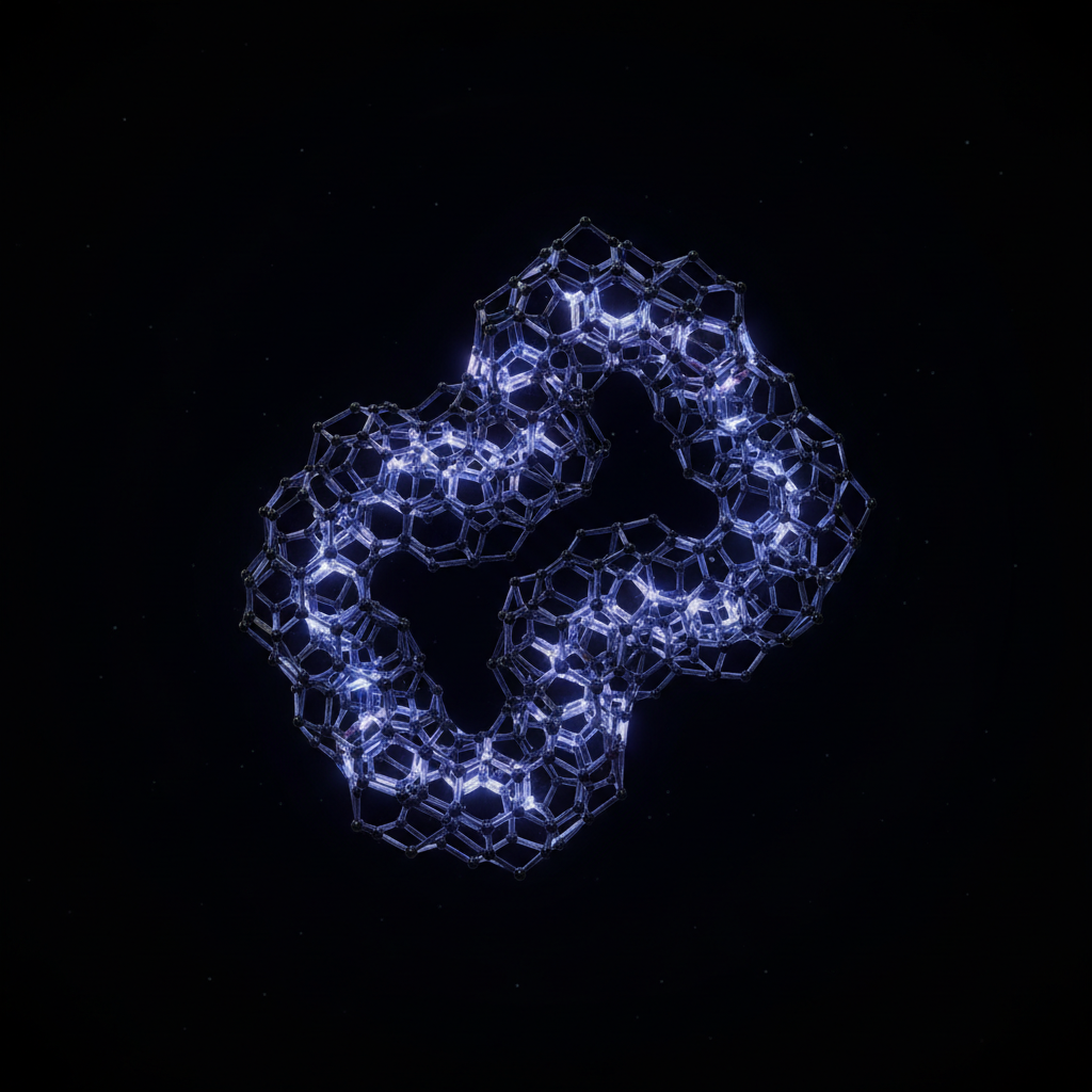 3D scientific illustration of a complex organic macromolecule, black carbon atoms forming irregular hexagonal grids, detailed chemical structure concept, dark background, focus on molecular bonds.