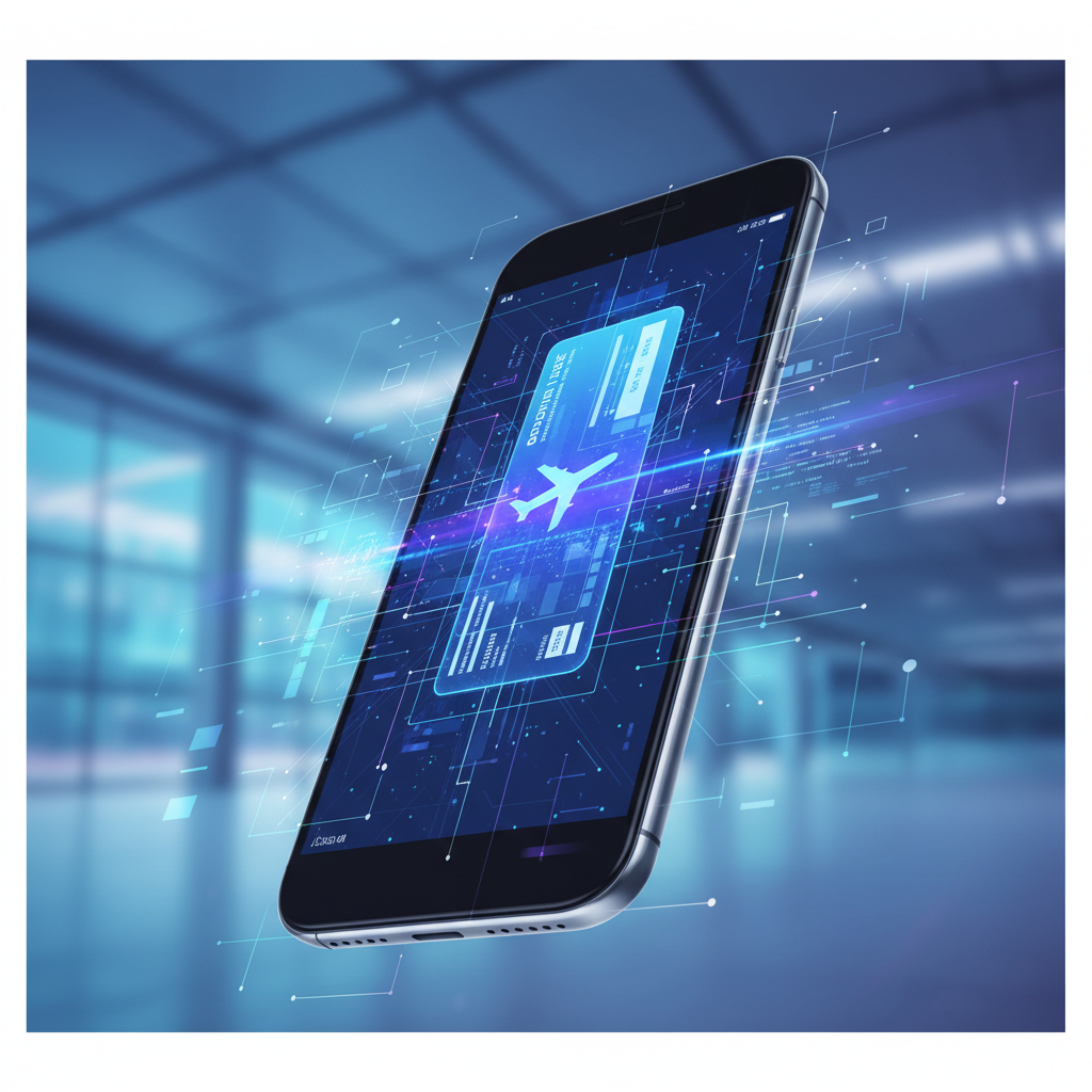 Concept art of a smartphone displaying an airline booking app with a digital boarding pass, minimalist background, high tech vibe
