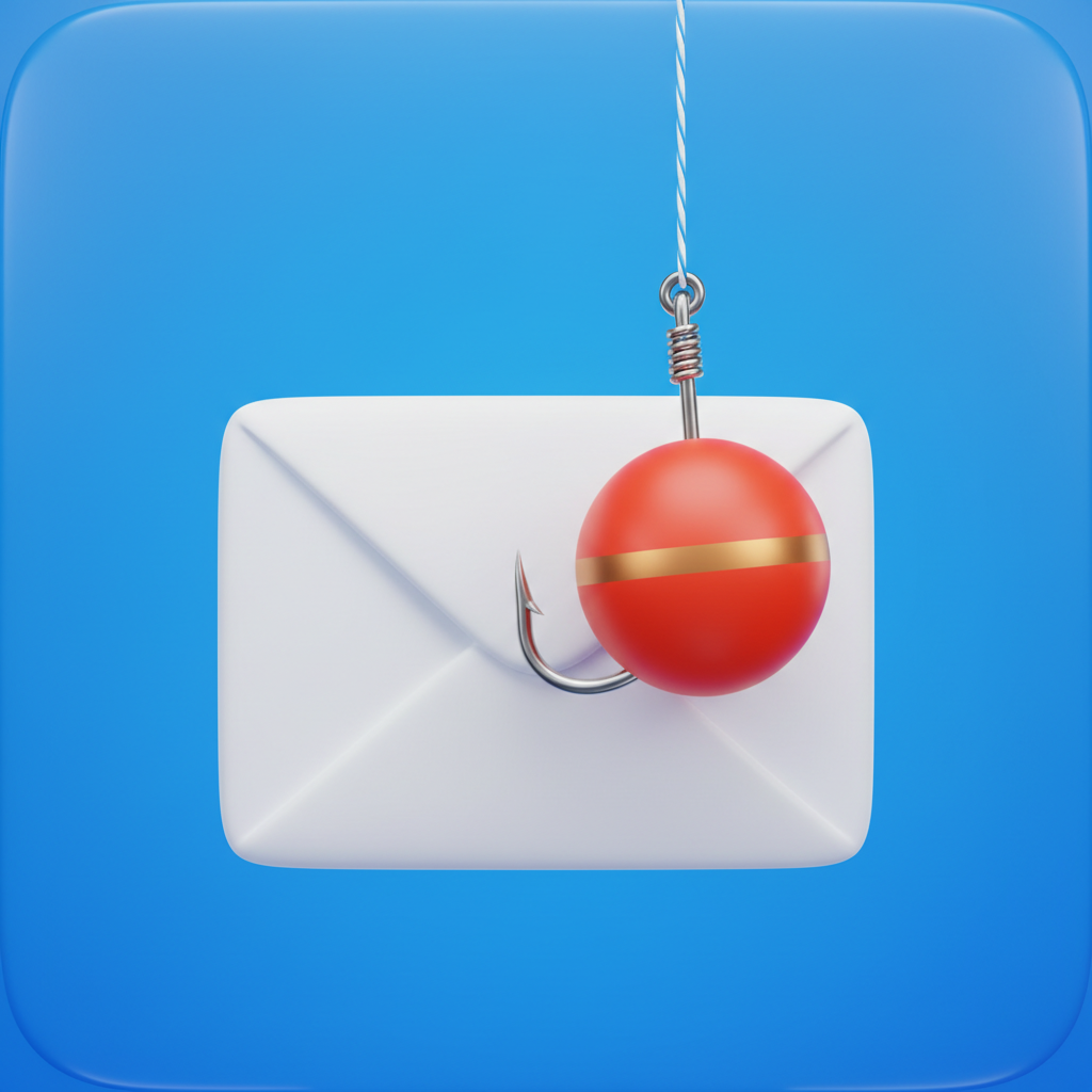 An email envelope with a fishing hook coming out of it, 3d icon style, bright colors, blue background