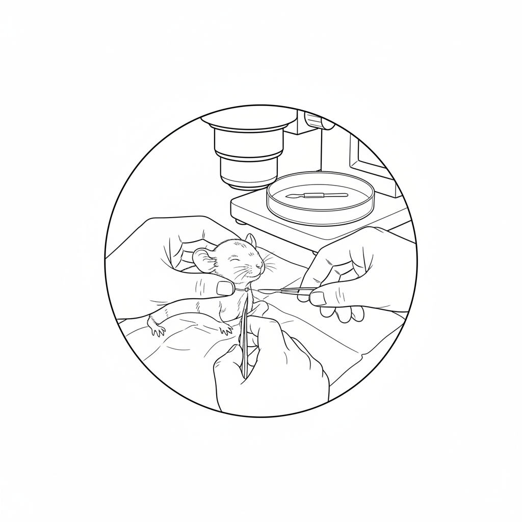 Scientific illustration of a mouse pup undergoing jugular vein ligation procedure under a microscope, clean line art style