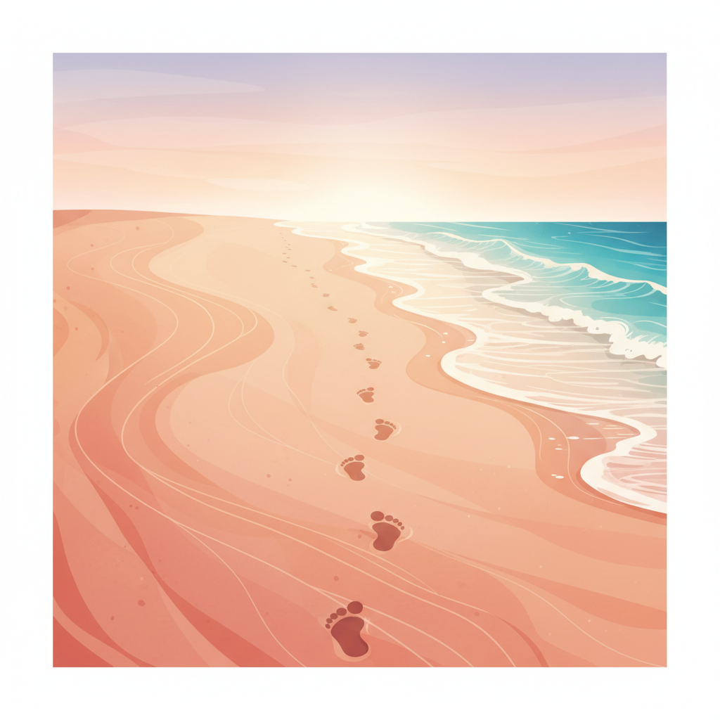 Illustration of footprints in the sand leading away, symbolizing the past actions, soft warm colors