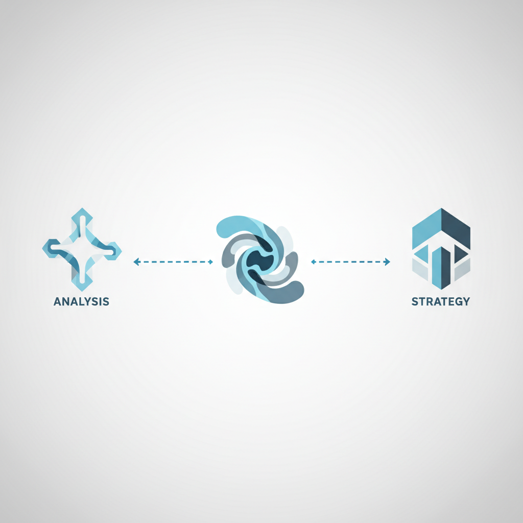 Abstract visualization of a process: three steps connected by arrows, analysis turning into strategy, minimalist business vector style, soft blue and grey colors