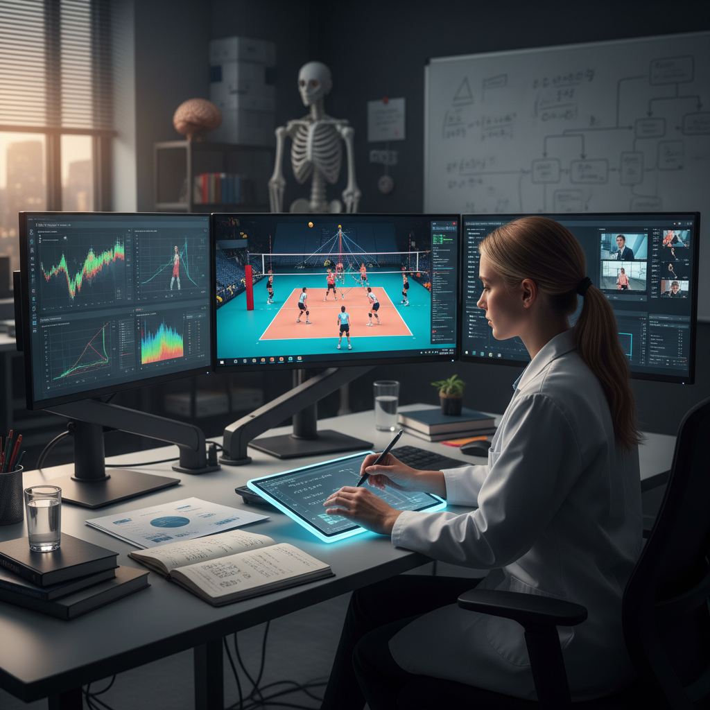 realistic photo of a researcher analyzing volleyball match video on multiple monitors, taking notes, scientific atmosphere, shallow depth of field