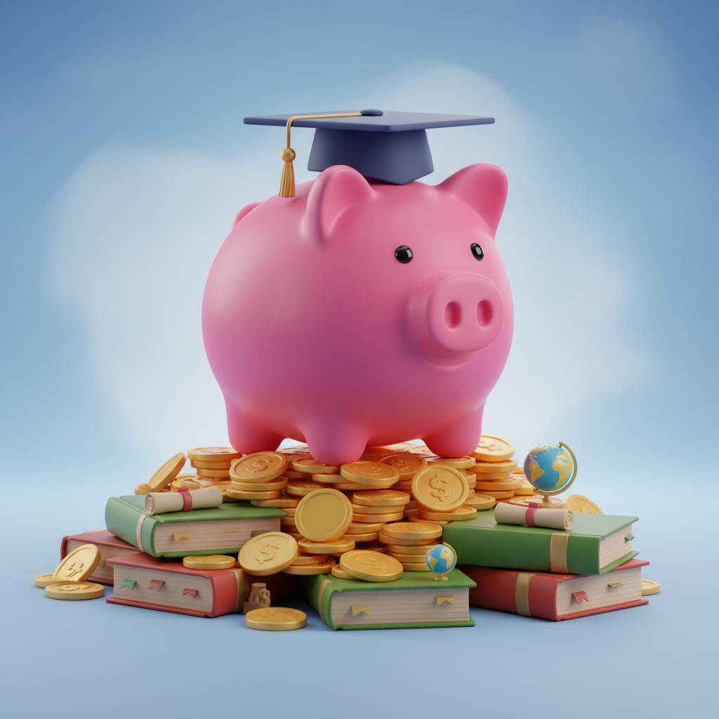 3D style illustration of a pink piggy bank wearing a graduation cap, sitting on a pile of gold coins and books, symbolizing savings for education.