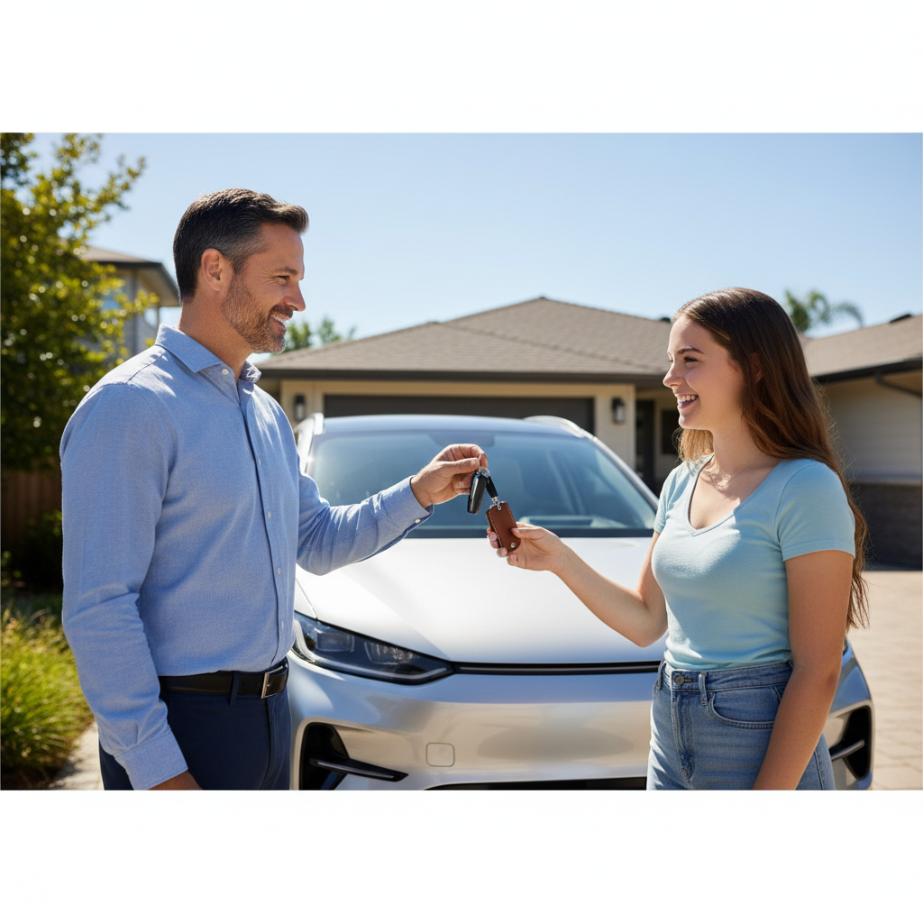 Father handing car keys to teenage daughter, happy, modern car in background, photorealistic