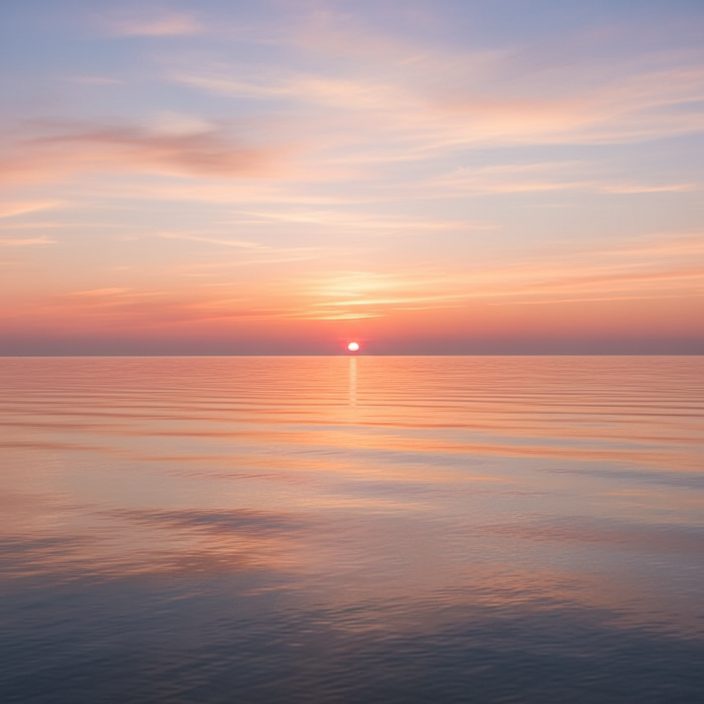 calm sunset over the ocean, horizon line, peaceful colors, warm pink and orange sky, reflection on water, tranquility