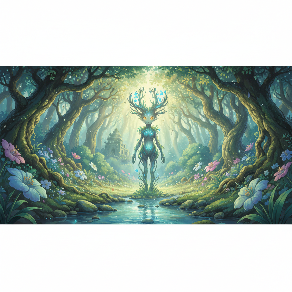 beautiful anime landscape forest spirit serene studio ghibli style nature background