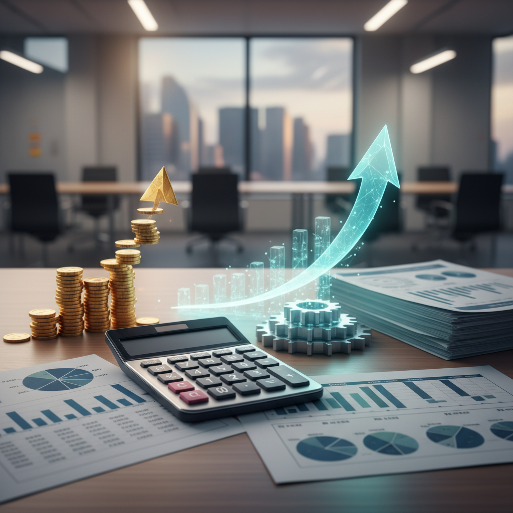 Business concept, calculator, financial documents, and stylized coins or growth chart, professional office setting