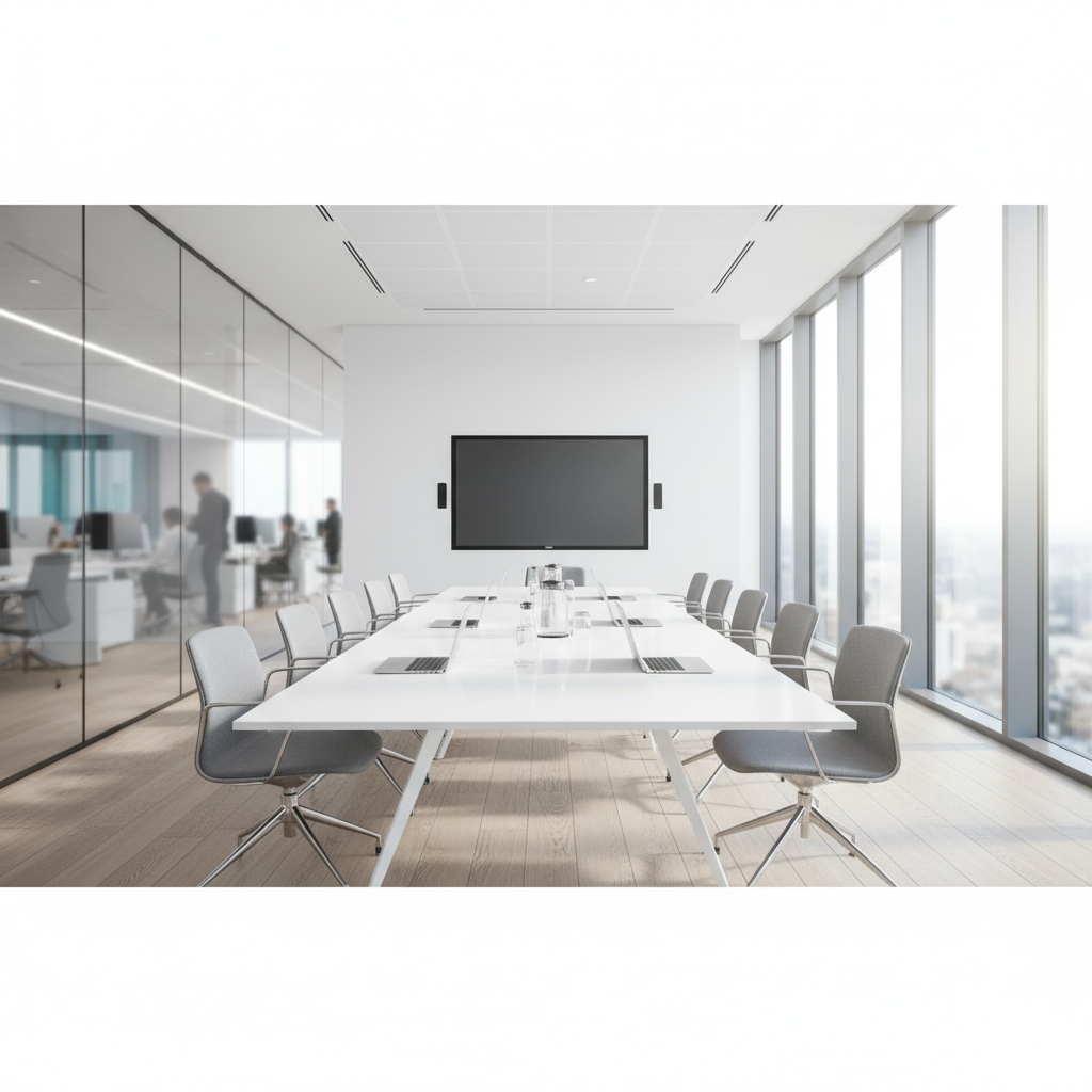 Clean, bright modern logistics office meeting room, blurred background