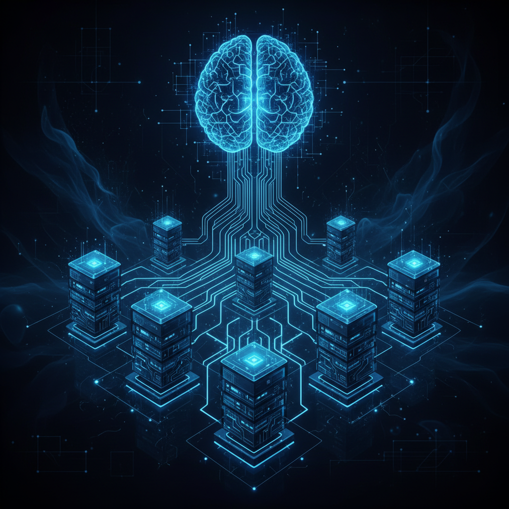 Conceptual illustration of a digital brain network connecting to database servers, cybernetic blue glowing lines, data engineering architecture schema style