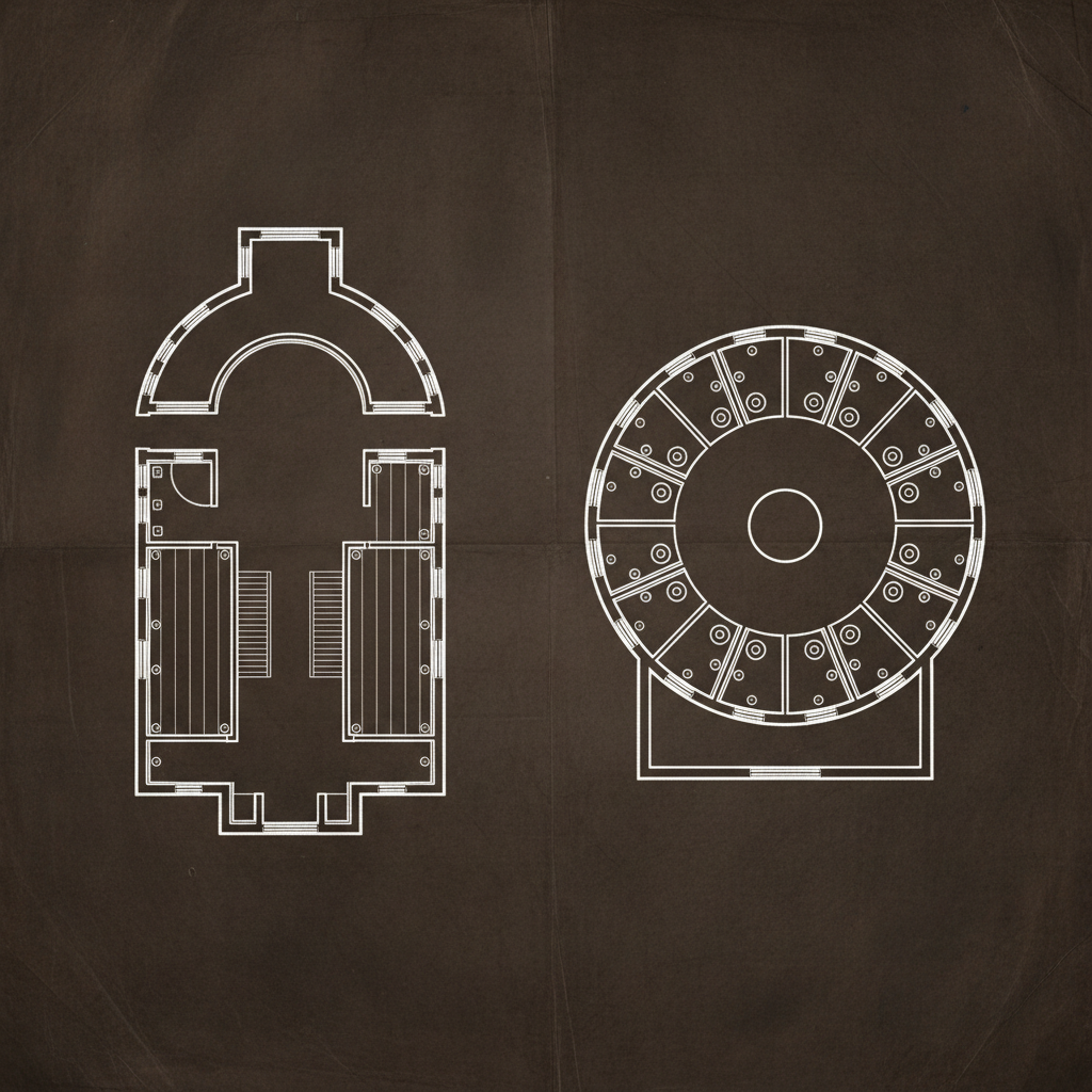 Architectural blueprint style, clean lines on dark parchment, showing standard Basilica floor plan next to a Centric Domed plan, clear comparison, high contrast