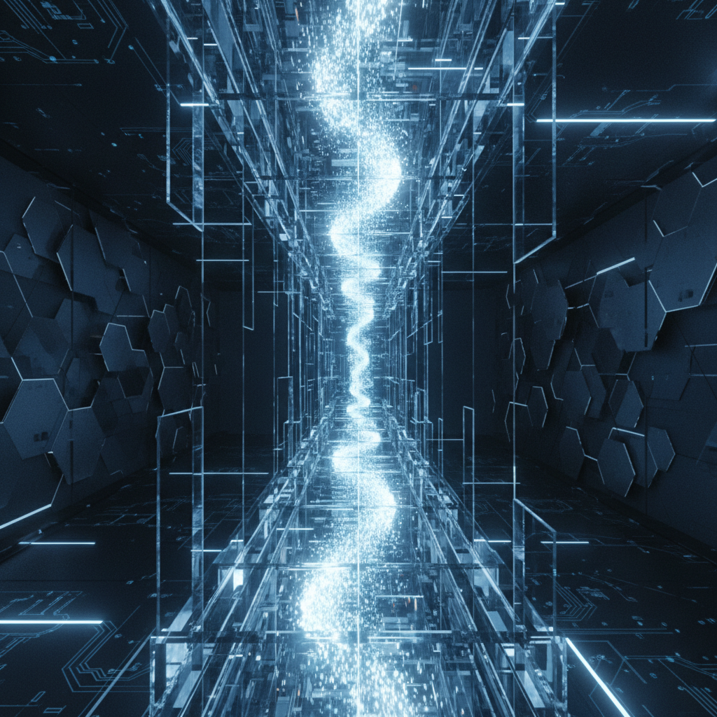 Cinematic shot of a futuristic data stream flowing smoothly through a structured digital pipeline, blue and white colors, representing clean data flow and automation
