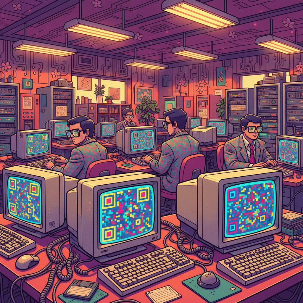 1990s style technology office scene in Japan, computer screens with QR codes, retro tech illustration, colorful