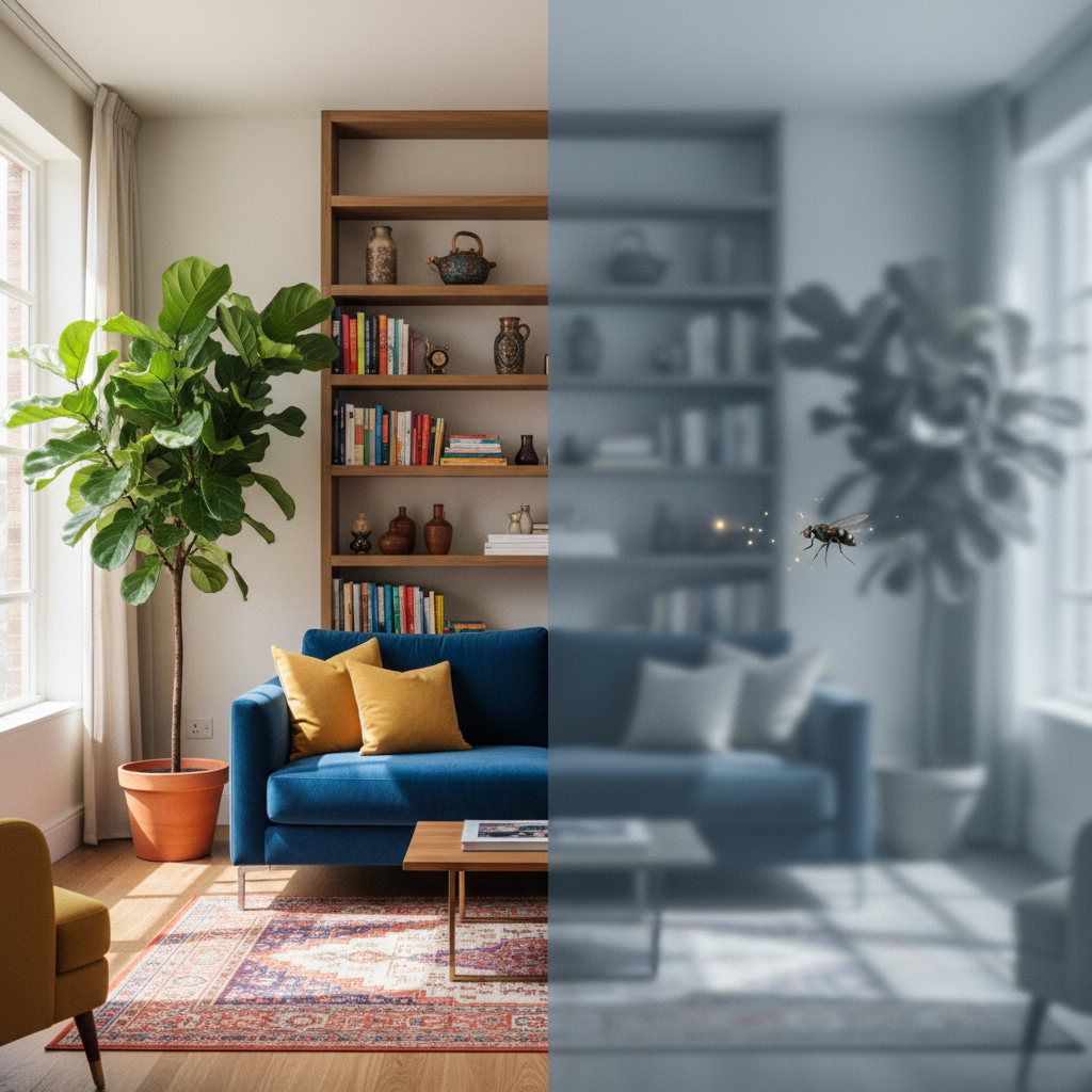 Split screen image, left side normal vibrant living room, right side desaturated bluish-gray blurry version of same room highlighting a moving fly, simulation of cat vision