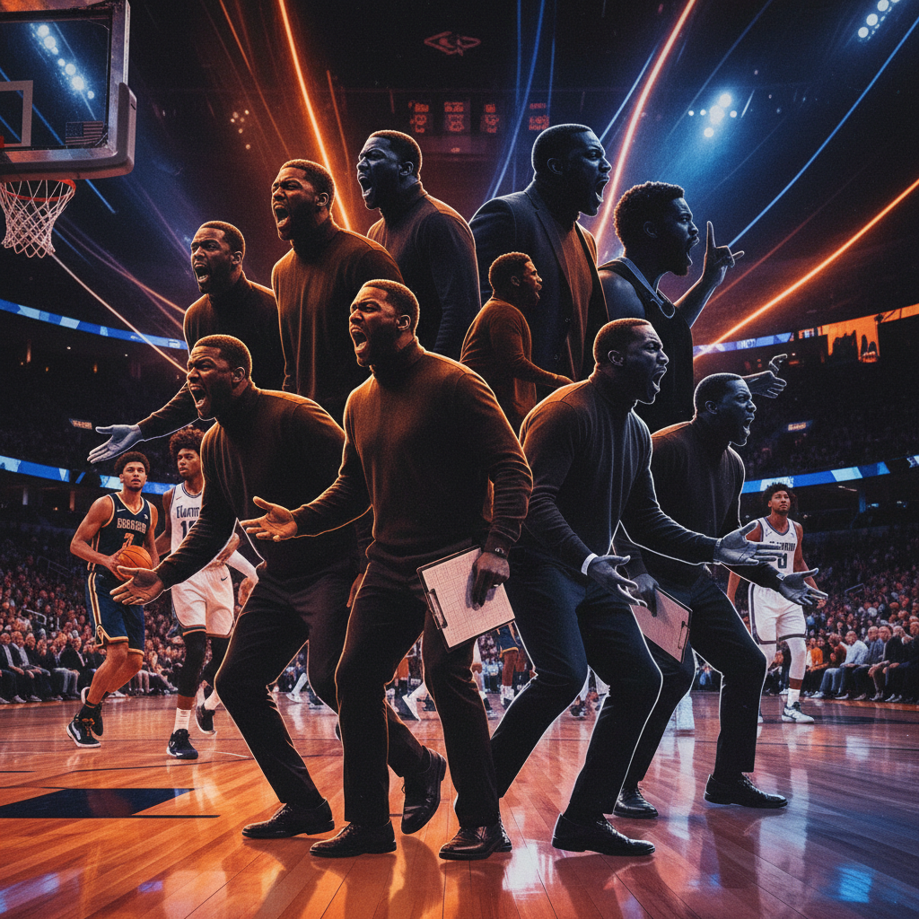Collage style silhouettes of coaches shouting on sidelines, basketball atmosphere, blurred motion